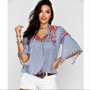 JOHNNY WAS Work Shop Caila Blue Gauze Embroidered Blouse Size XS